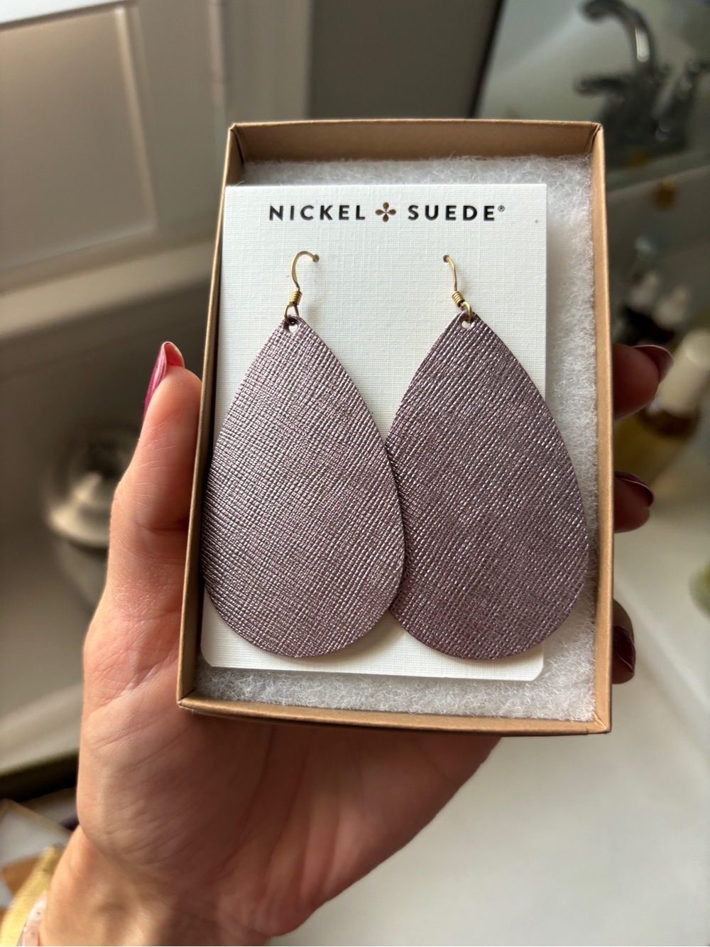 Nickel & Suede Jingle Bells Purple Teardrop Earrings with Gold Hooks